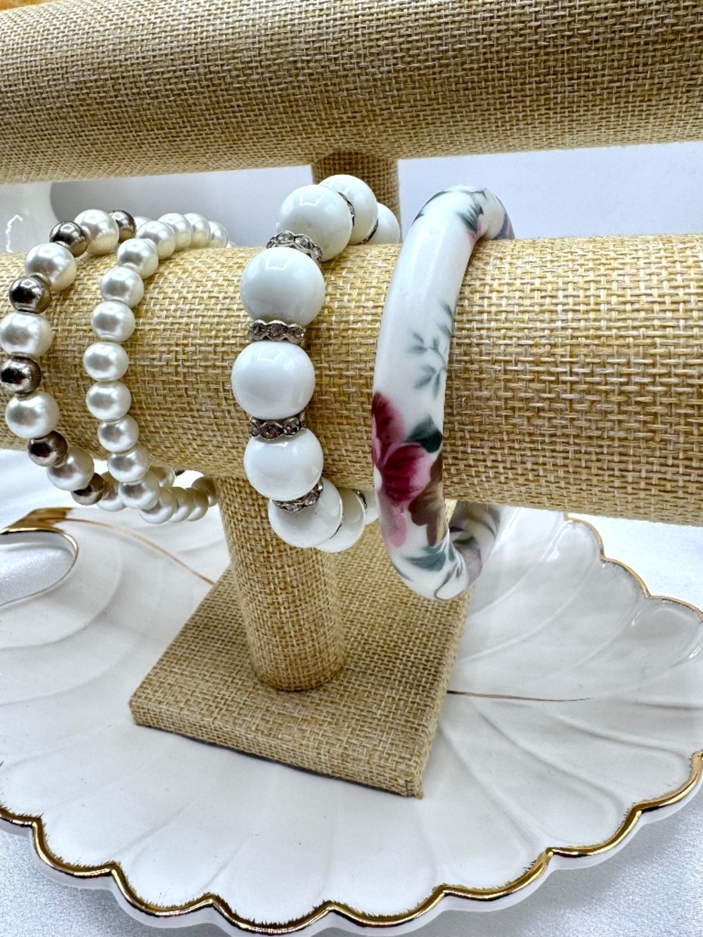 4 Piece White Pearl & Floral Bangle Bracelet Bundle Stretch Beaded Cross Charm